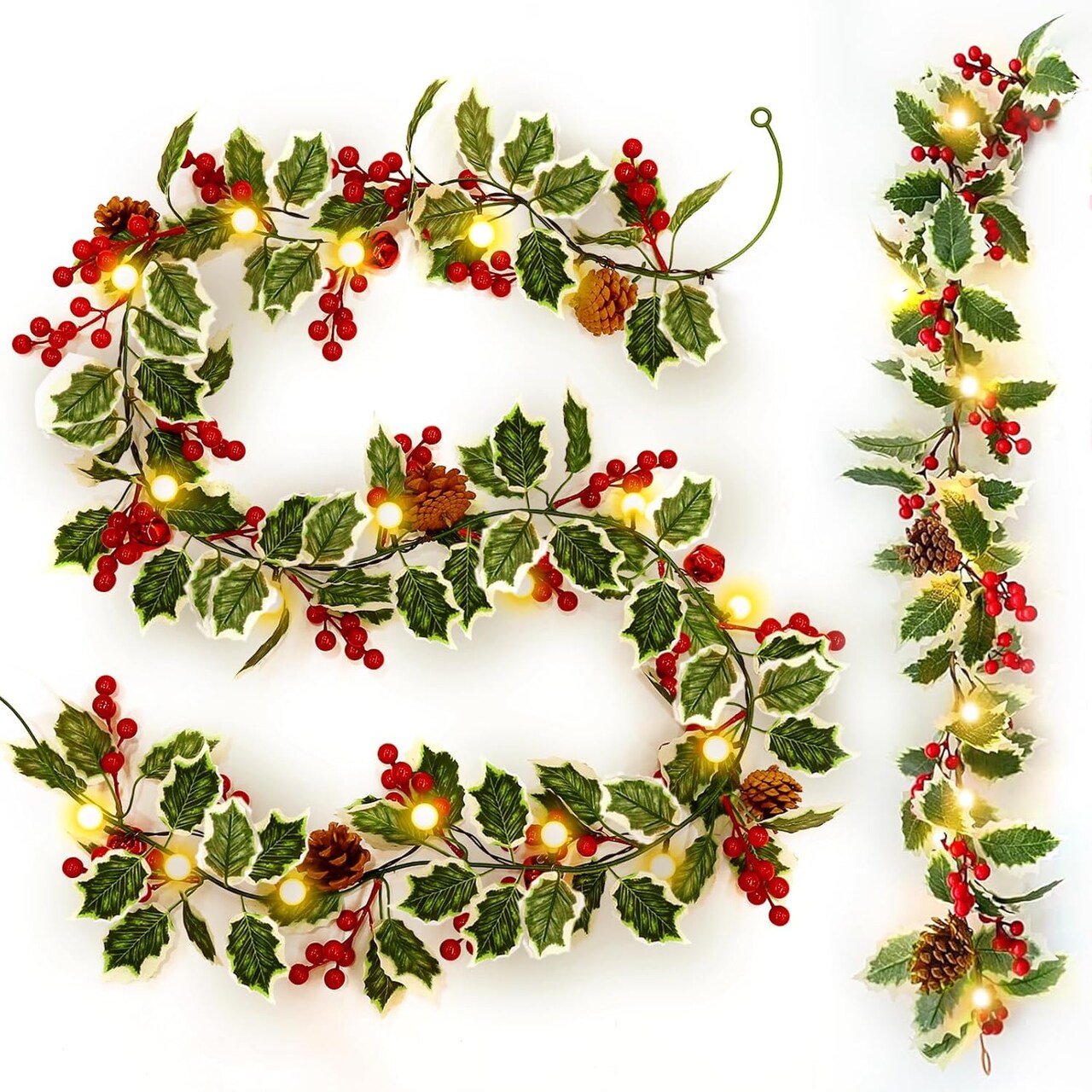 2 Pack Pre-Lit Christmas Garland with Lights, 5.7FT 20LED Battery Operated Lighted Garland Xmas Decor with PineCones Bell Berry Holly Leaves, Light Up Garland for Mantle Fireplace Stair Indoor Outdoor